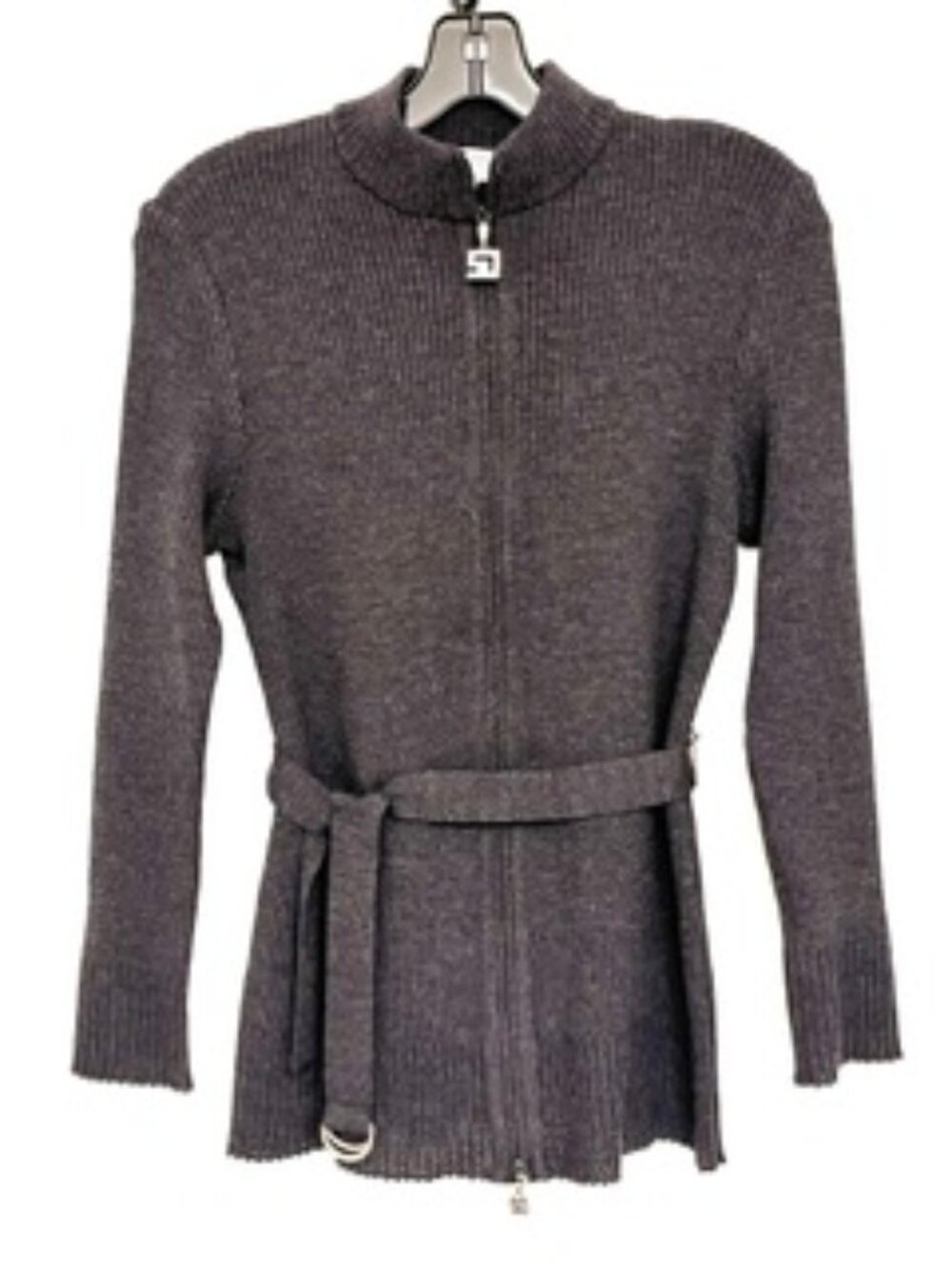 St John Sport by Marie Gray  Charcoal Gray  Zip-Front wool blend Belted Cardigan